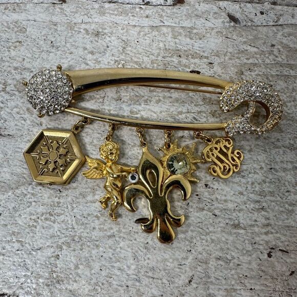 Vintage 80s Glam Gold Tone Safety Pin Charm Brooch - Picture 1 of 6
